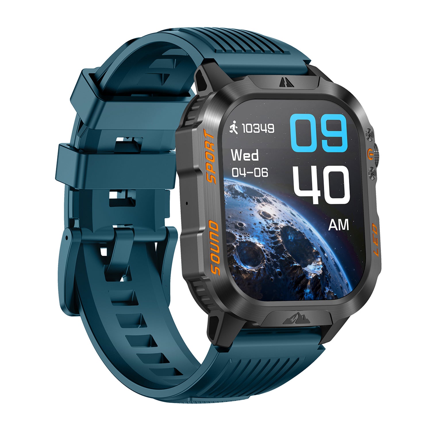 Sport smartwatch right profile – black/blue/orange silicone strap