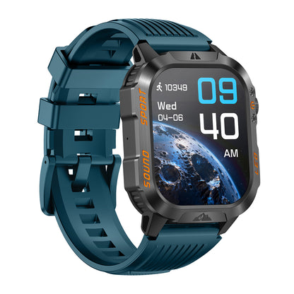 Sport smartwatch right profile – black/blue/orange silicone strap