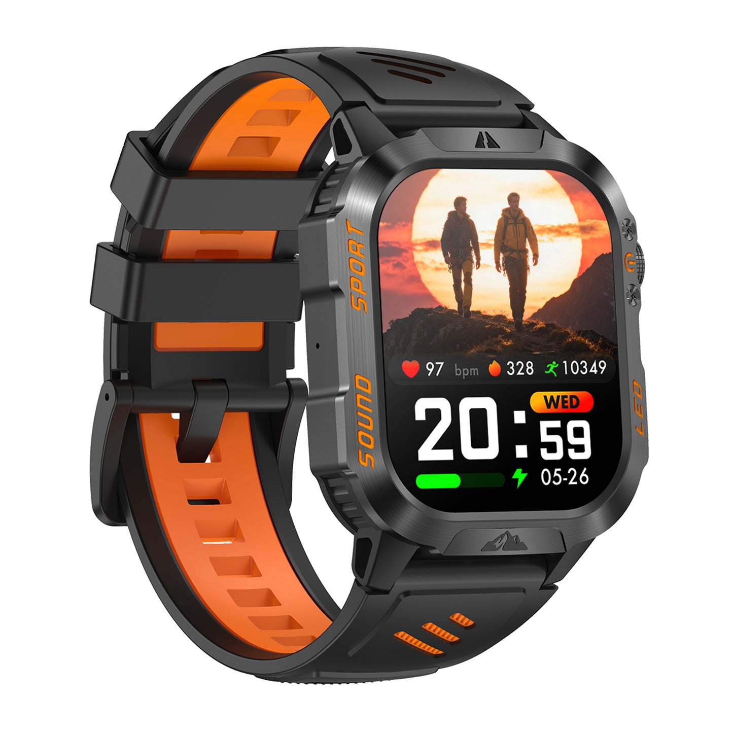 Sport smartwatch right profile – black/blue/orange silicone strap