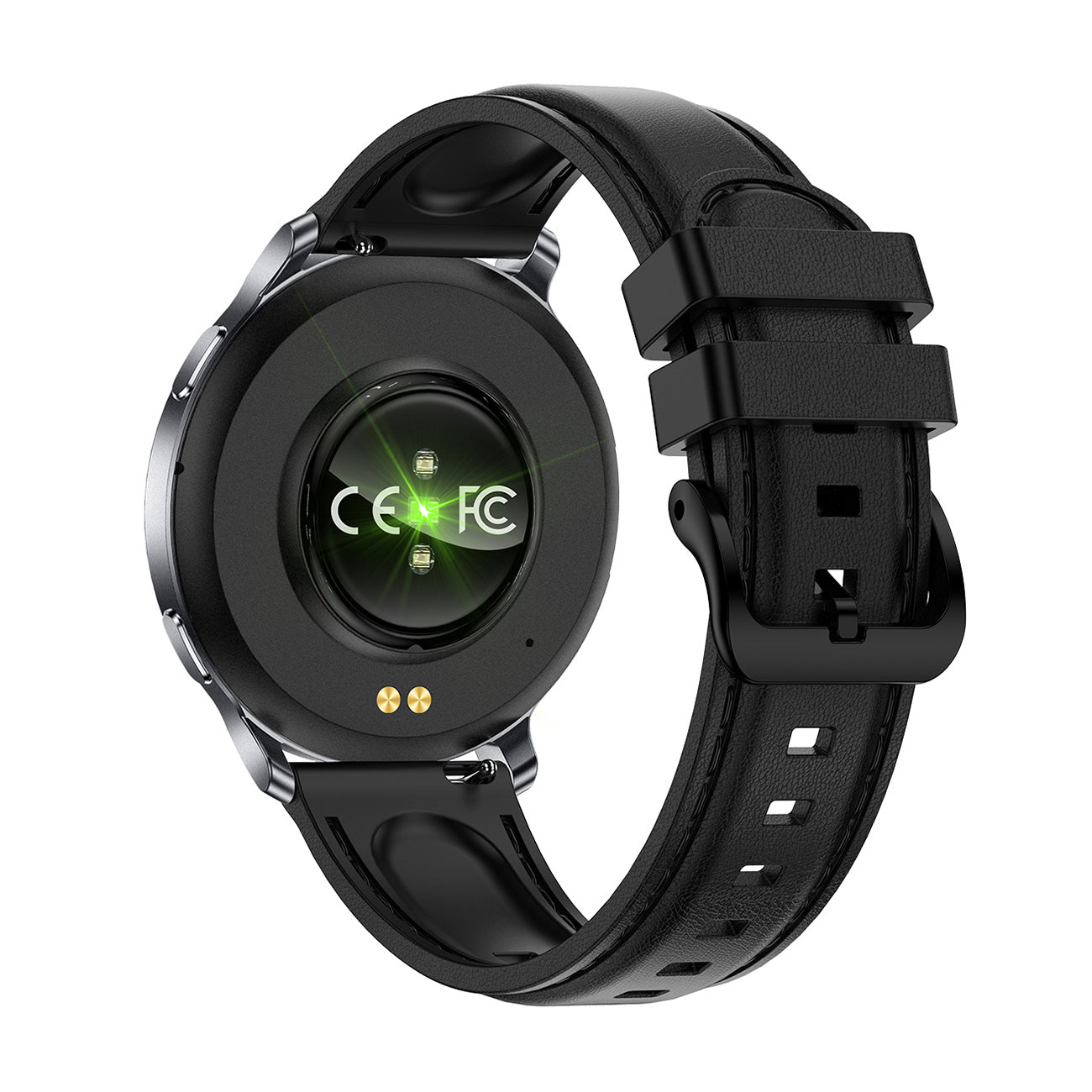 Women's smartwatch back view showing sensors – black silicone strap