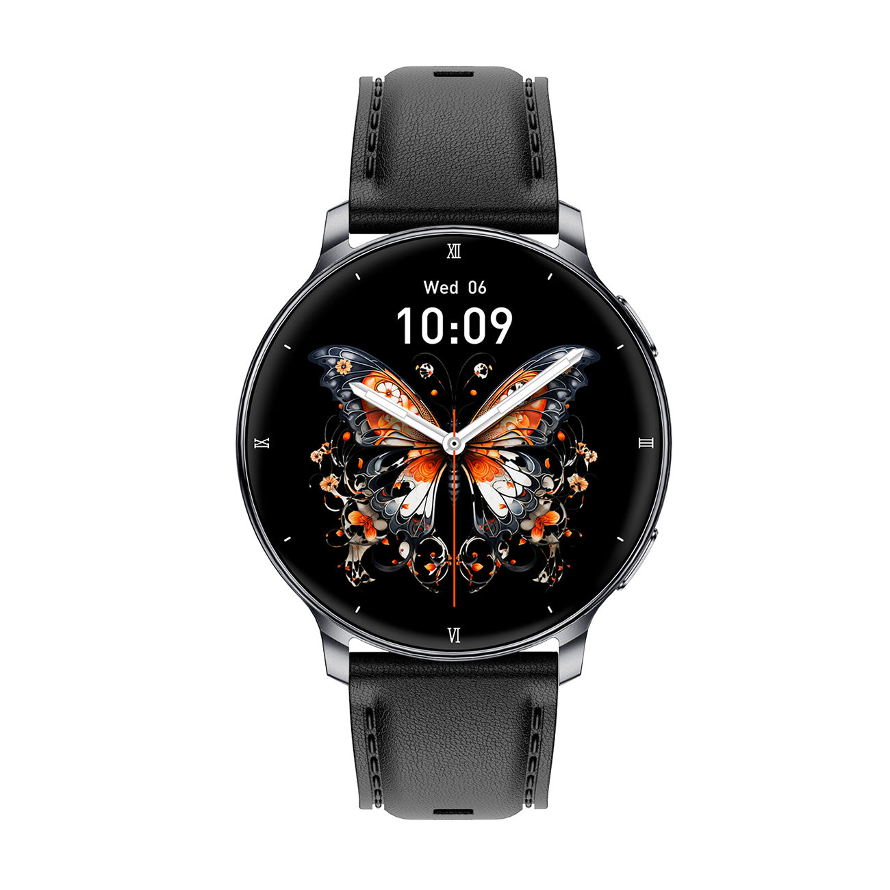 Women's smartwatch front view with 1.32" AMOLED display – black silicone strap