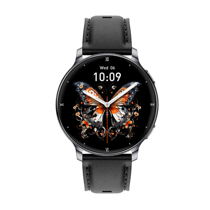 Women's smartwatch front view with 1.32" AMOLED display – black silicone strap