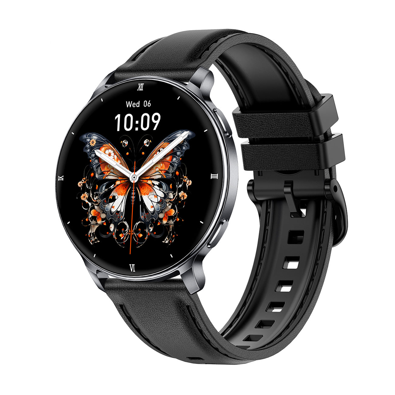 Women's smartwatch left side showing buttons – black silicone strap