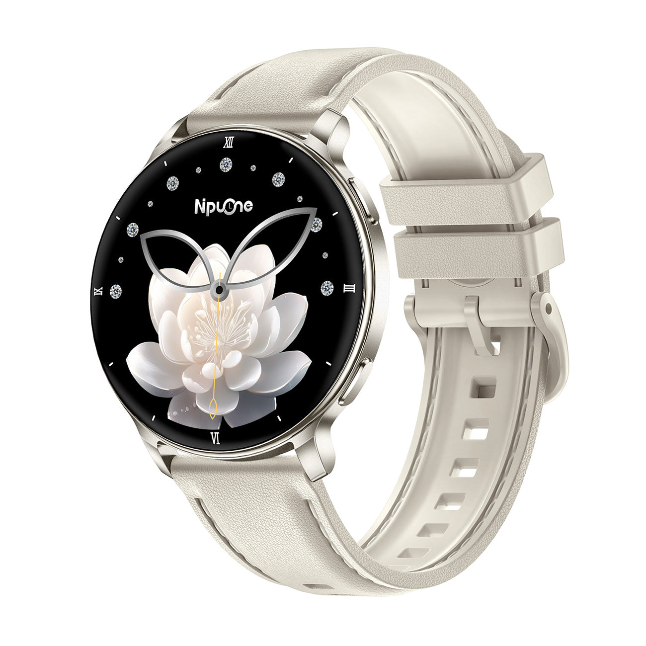 Women's smartwatch left side showing buttons – grey silicone strap