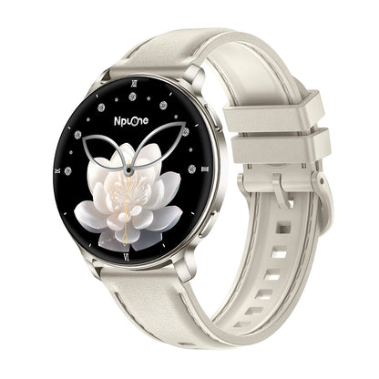 Women's smartwatch left side showing buttons – grey silicone strap