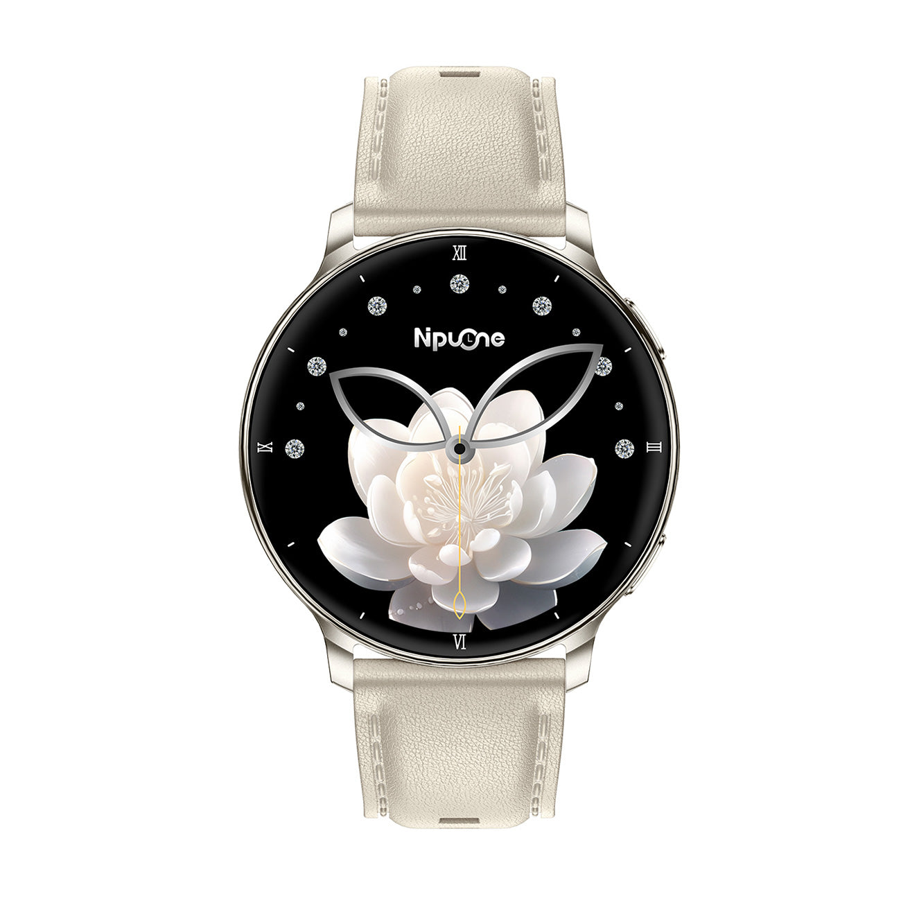 Women's smartwatch front view with 1.32" AMOLED display – grey silicone strap