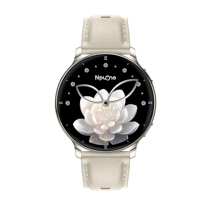 Women's smartwatch front view with 1.32" AMOLED display – grey silicone strap