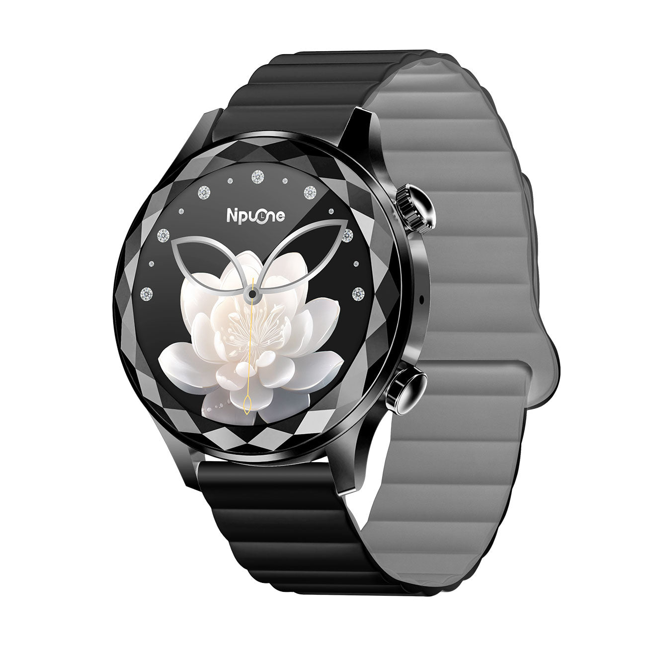 Women's smartwatch left side showing slim profile – black magnetic silicone strap