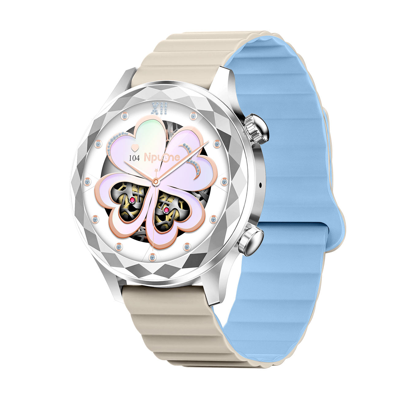 Women's smartwatch left side showing slim profile – blue magnetic silicone strap