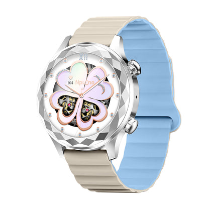 Women's smartwatch left side showing slim profile – blue magnetic silicone strap