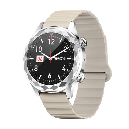 Women's smartwatch left side showing slim profile – grey magnetic silicone strap