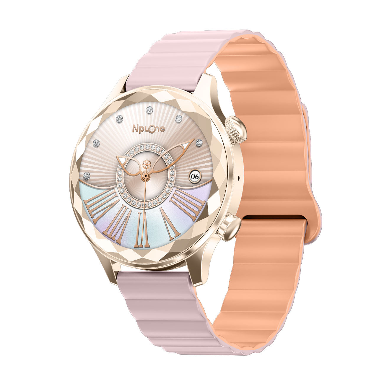 Women's smartwatch left side showing slim profile – pinkmagnetic silicone strap